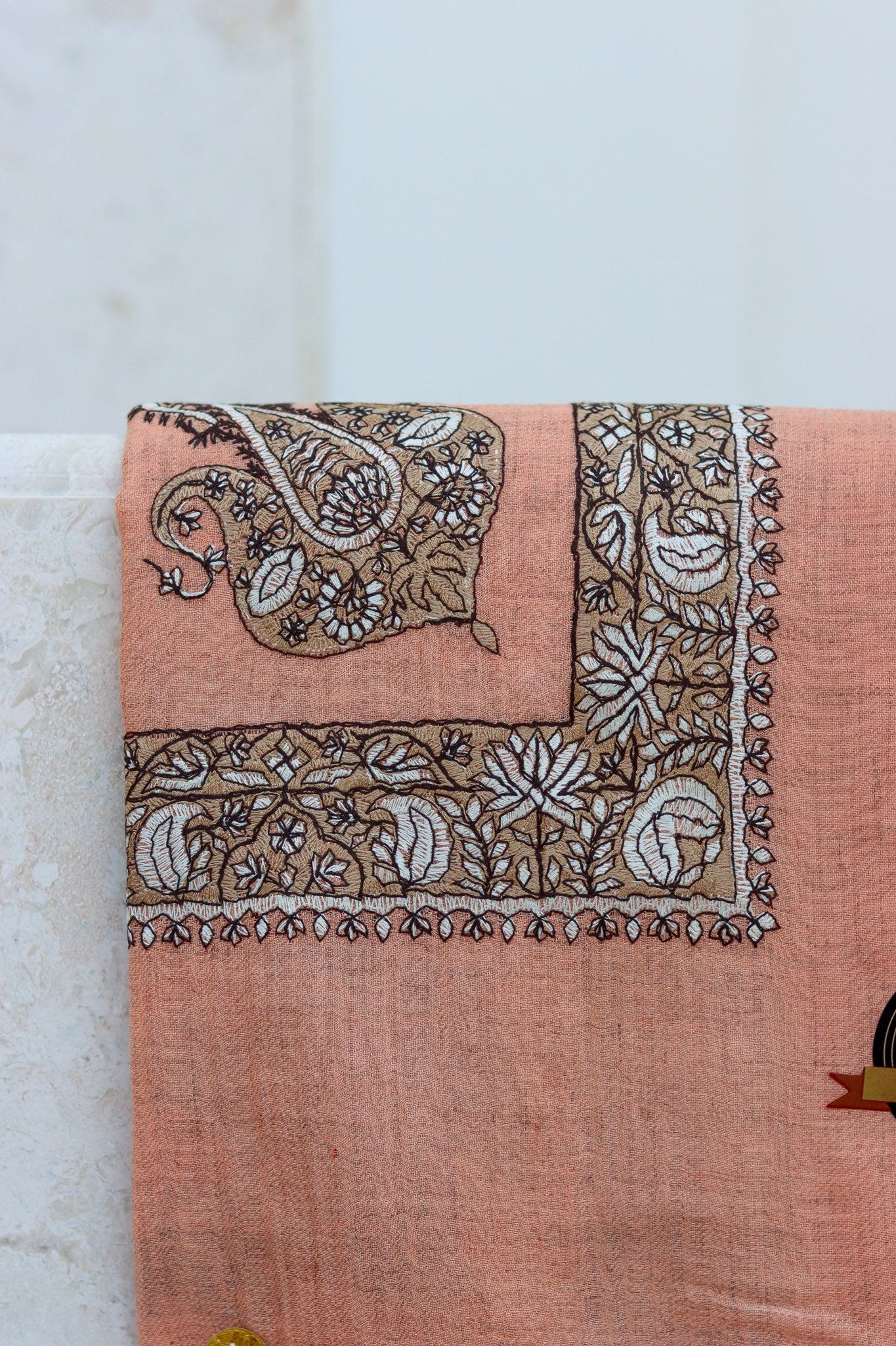 Hand Embroidered Ghatra | Kashmiri Shawl | Cream