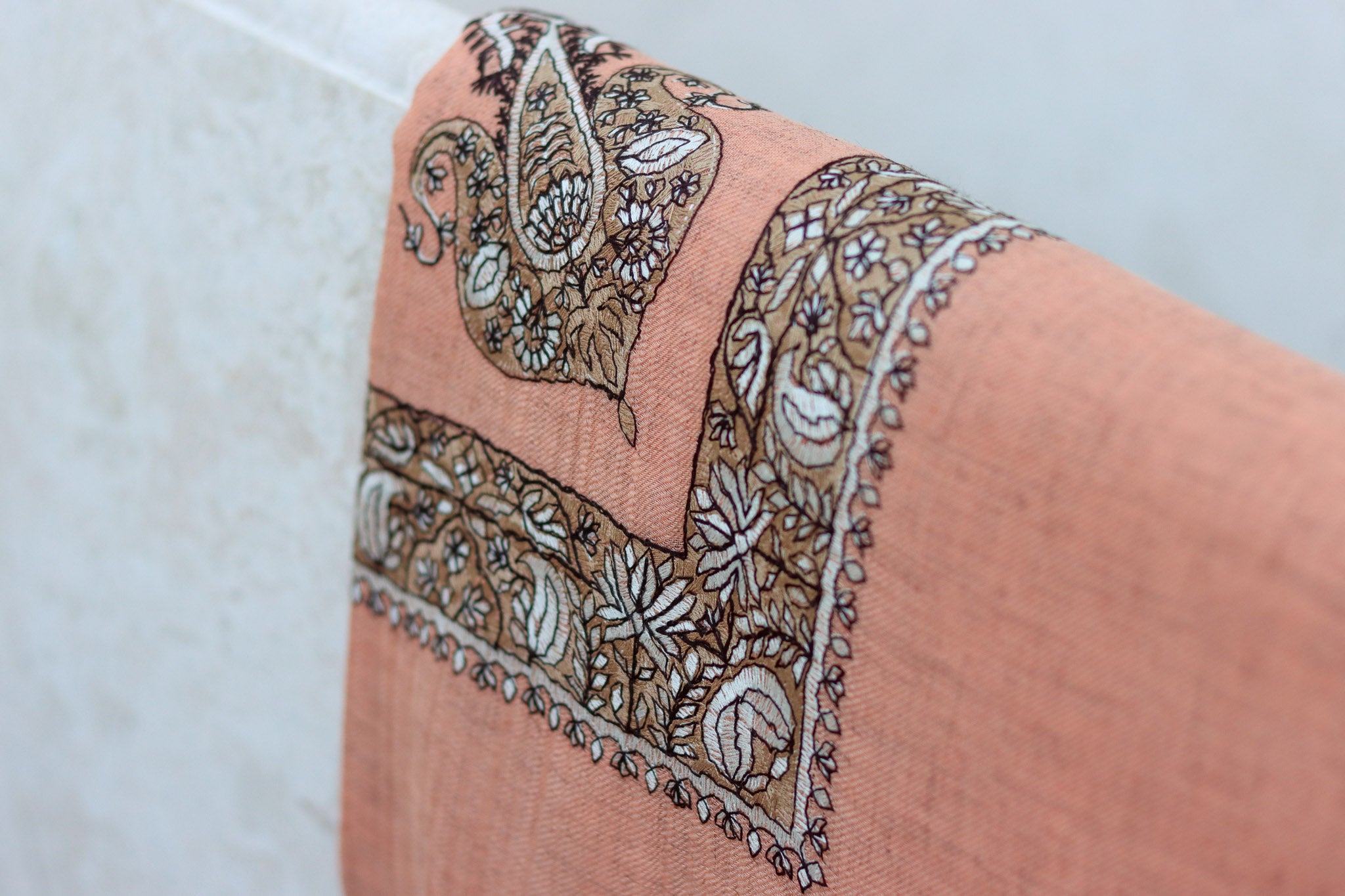 Hand Embroidered Ghatra | Kashmiri Shawl | Cream